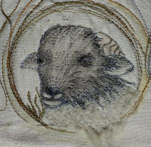 Detail of the rams-head on my ordination stole - interpreted by Deborah Ireland from a photograph I took of a Swaledale lamb on a rain-soaked Swaledale last summer!